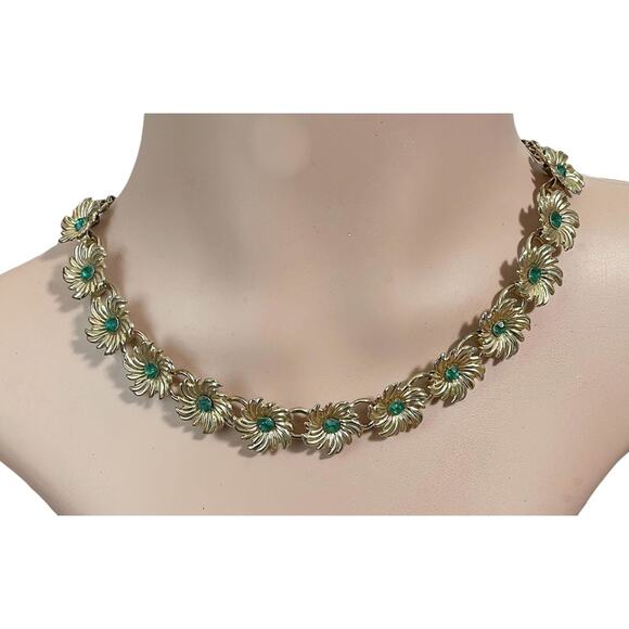 1960s Gold Plate & Green Rhinestones Single Strand Adjustable Flower Choker - Picture 1 of 5